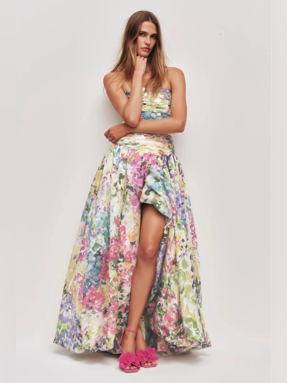 Strapless High-Low Floral Evening Dress in Multicolor